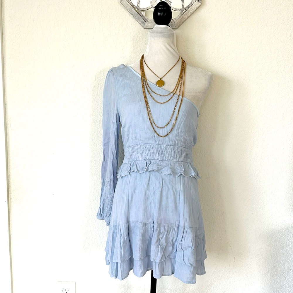 Peach Love • Powder Blue Feminine One Shoulder Date Night Gauze Ruffle Dress